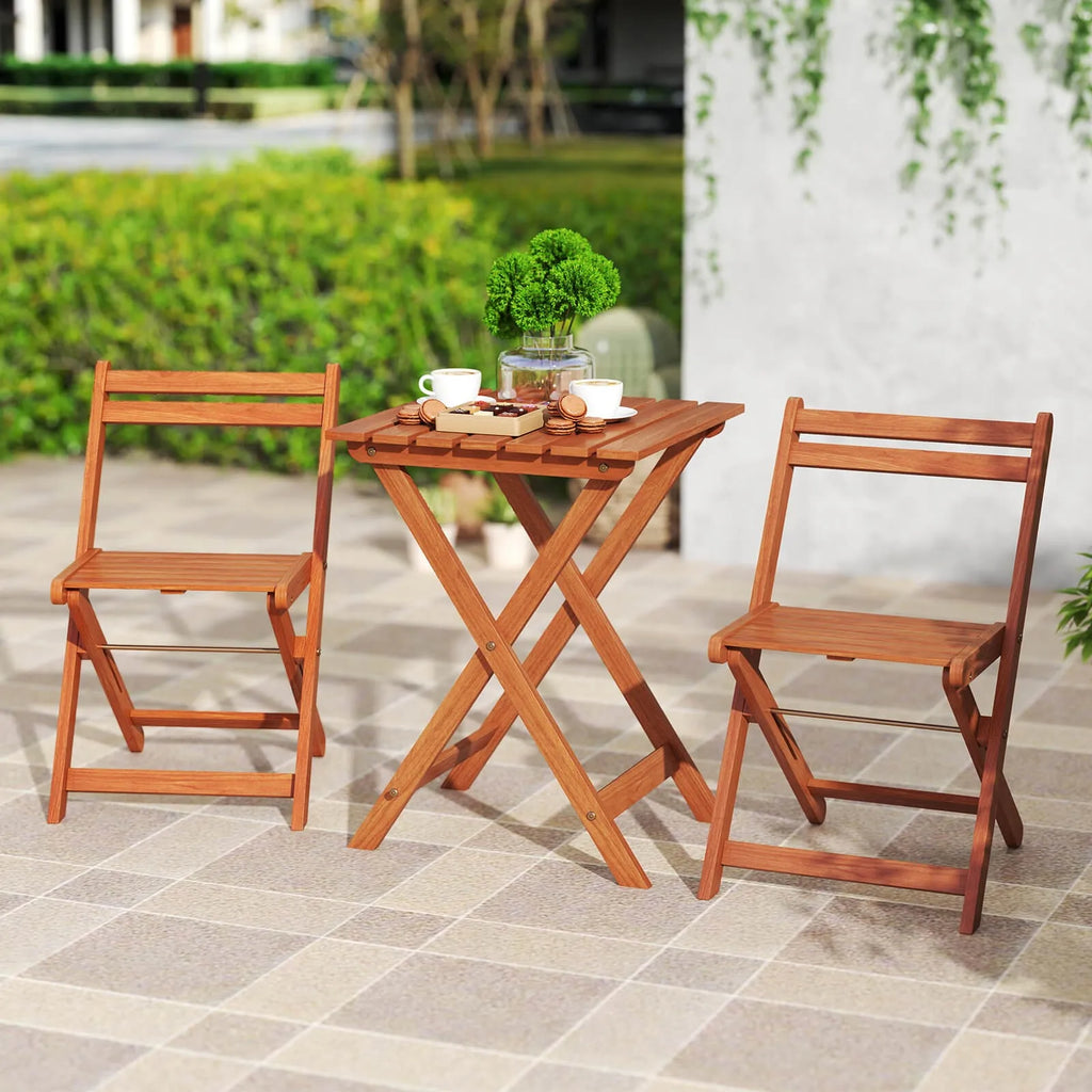 3 PCS Outdoor Wood Bistro Set w/ 2 Folding Chairs & Dining Table for Backyard