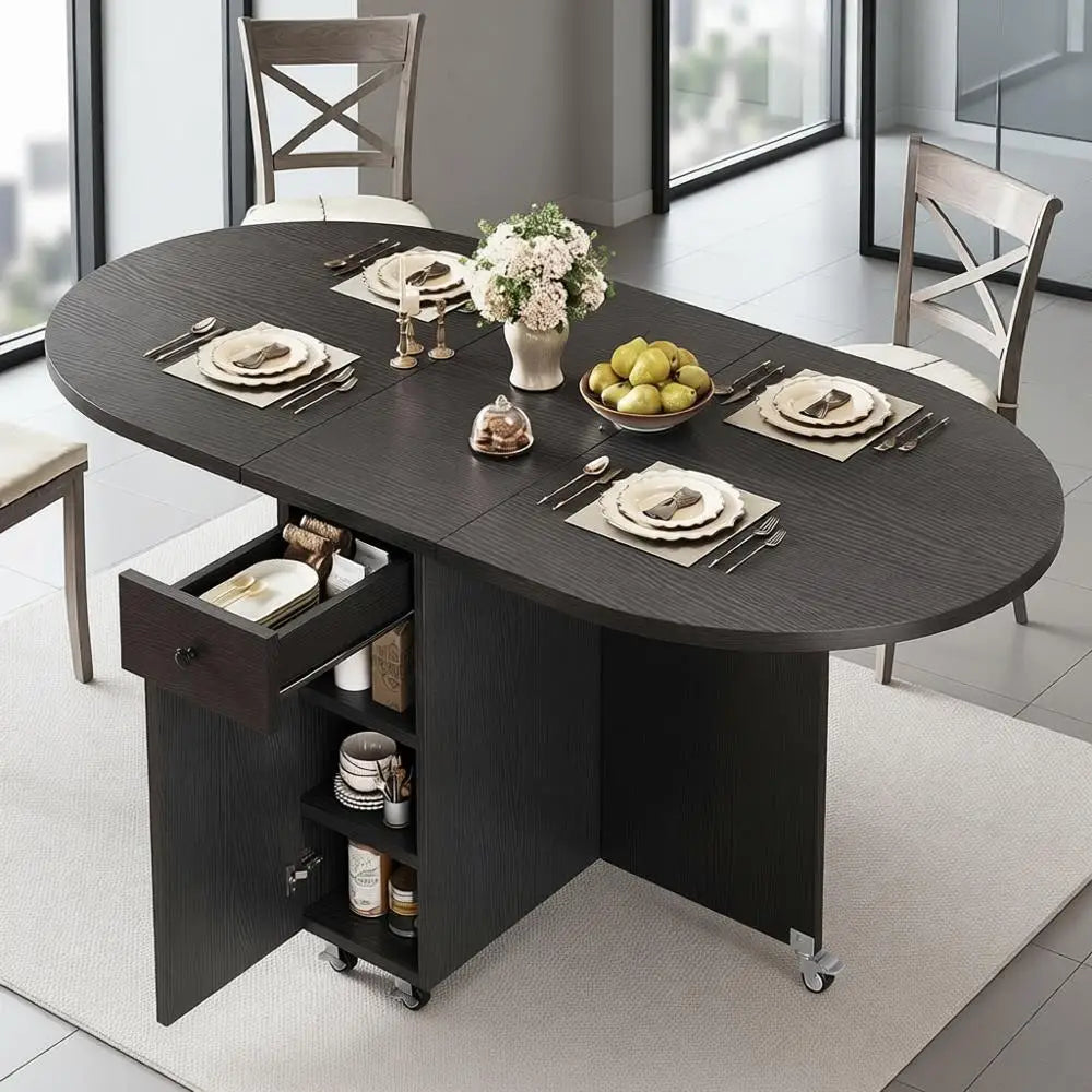 Space-Saving Foldable Dining Table for 4 with Storage Drawer and Shelf, Drop Leaf Design for Small Kitchen Spaces