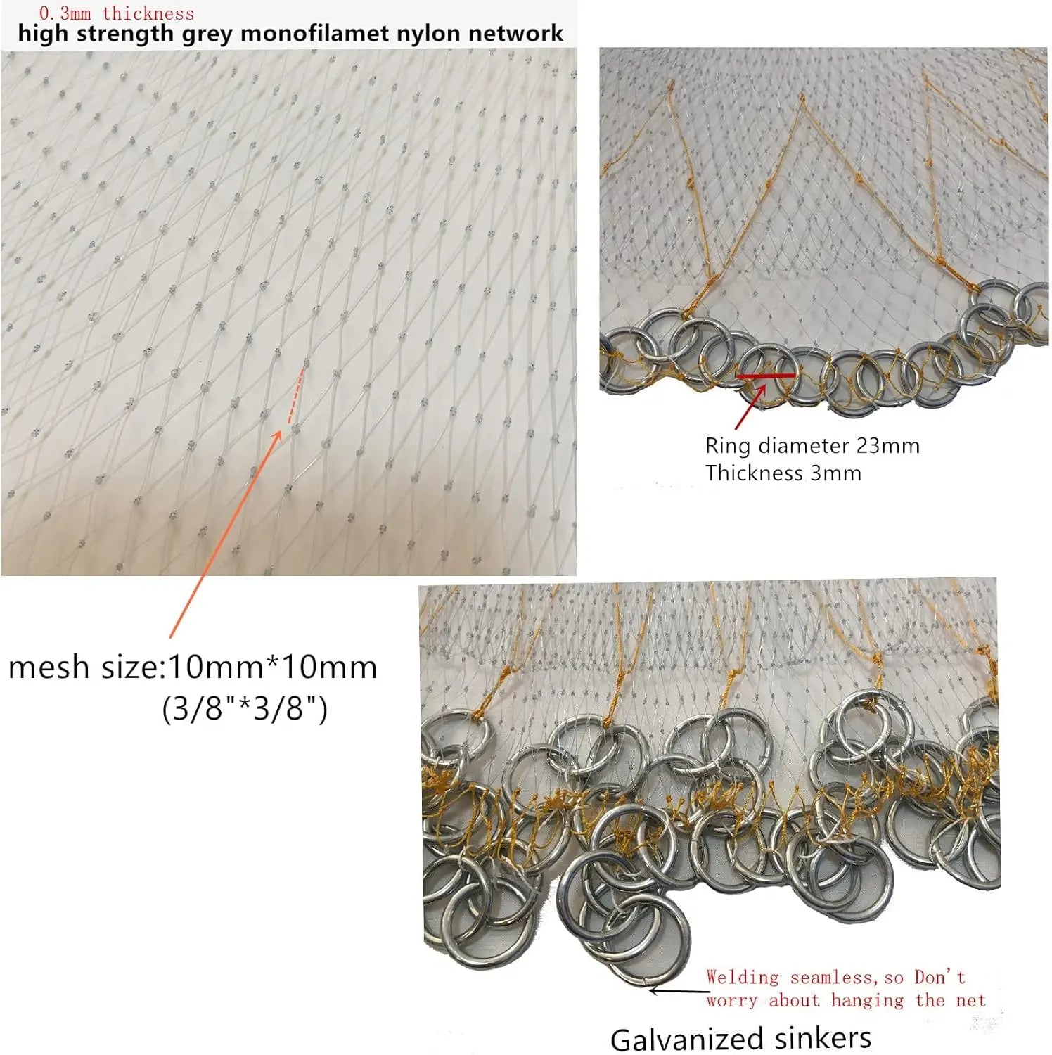 Heavy-Duty Saltwater Fishing Cast Net with Zinc Sinkers, 6ft/10ft Radius, 3/8in Mesh for Bait Trap