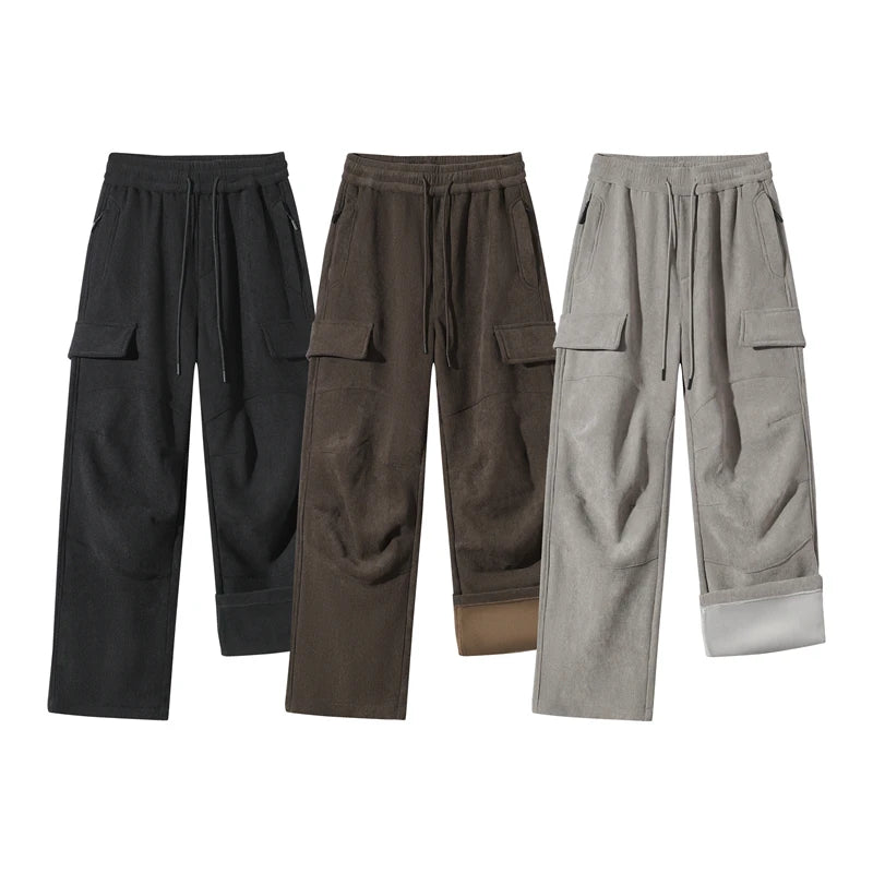 Men's Winter Cargo Pants Thickened Casual Straight Leg Trousers Solid Streetwear Comfortable Fabric Outdoor Unisex