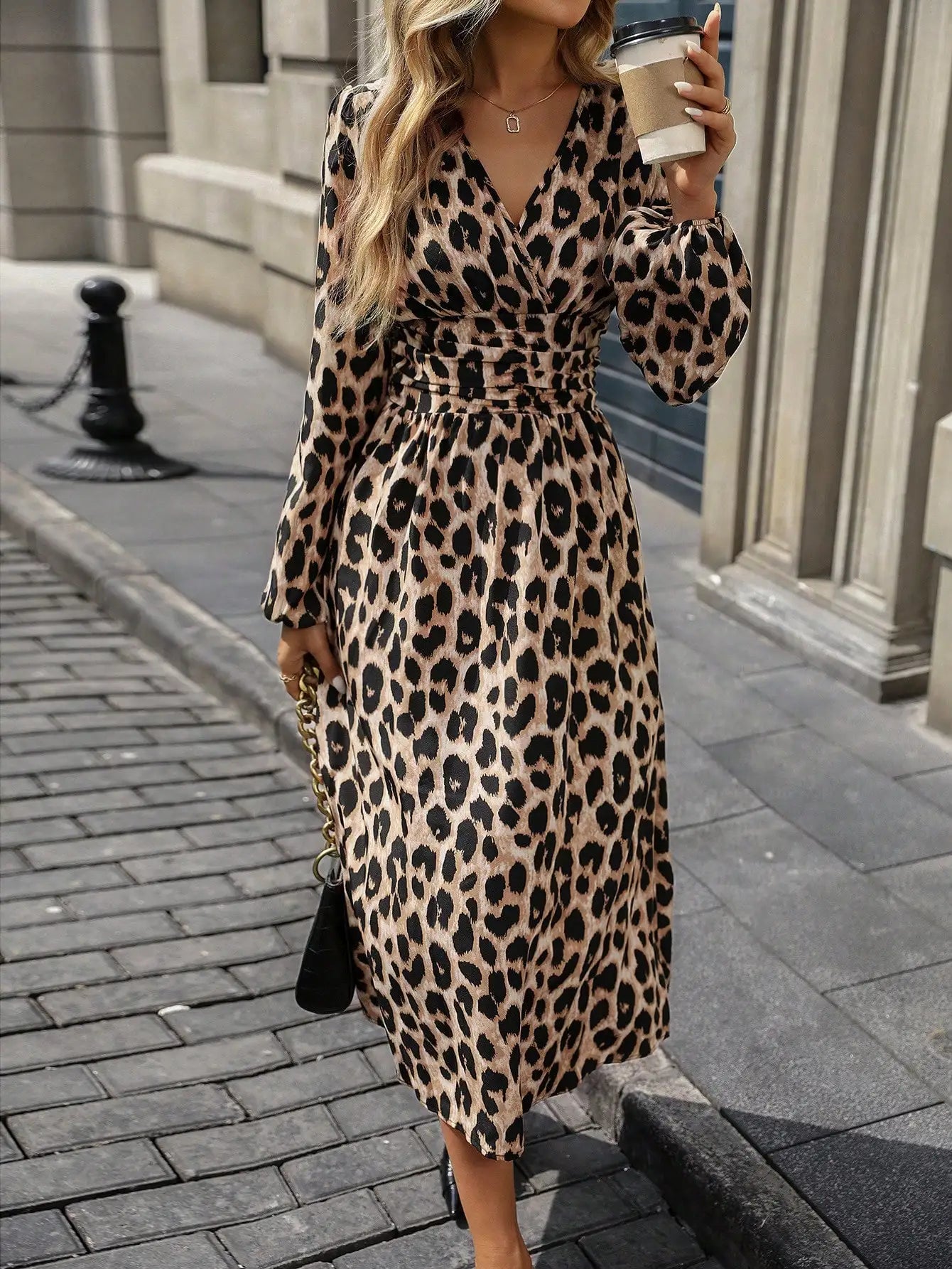Casual Leopard Print Lantern Sleeve Ruched Waist Dress, Autumn Maxi Women Outfit Fall Cloth For Women