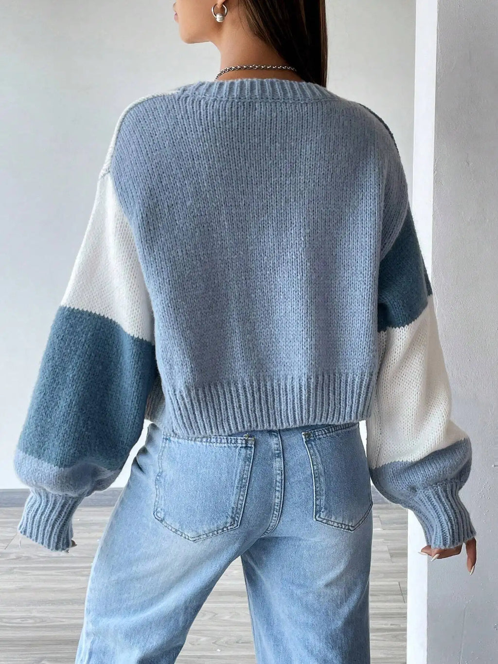 Color Block Drop Shoulder Knit Cardigan for Women, Long Sleeve Fall Winter Casual Top