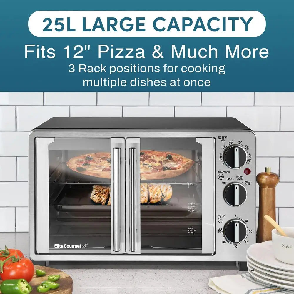 Double French Door Toaster Oven 25L Capacity Bake Broil Toast Keep Warm 1500W Precision Cooking Timer Multi Rack Positioning