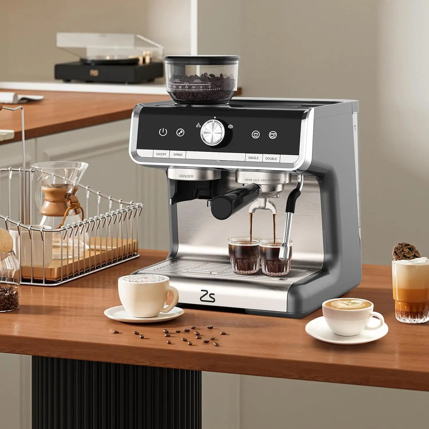 Semi-Automatic Espresso Machine 1450W Power 20 Bar Pressure 30 Grind Settings Fast Heat-Up Milk Frother Steam Wand for Home