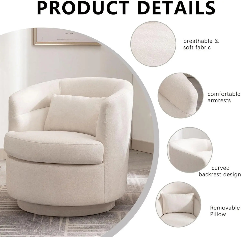 Swivel Accent Chair, 360° Round Barrel Armchair with Pillow, Beige Upholstered Club Chair for Living Room Bedroom Reading Nook