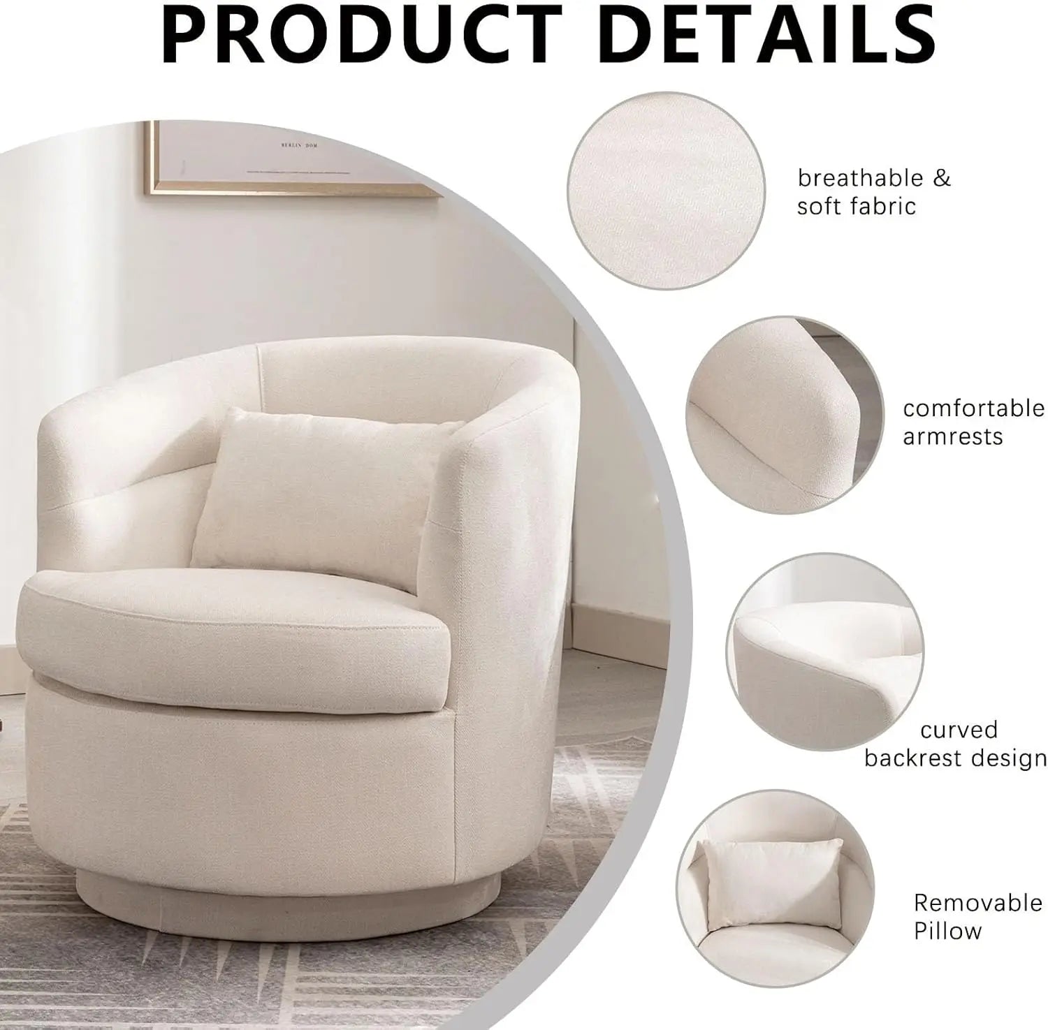 Swivel Accent Chair, 360° Round Barrel Armchair with Pillow, Beige Upholstered Club Chair for Living Room Bedroom Reading Nook