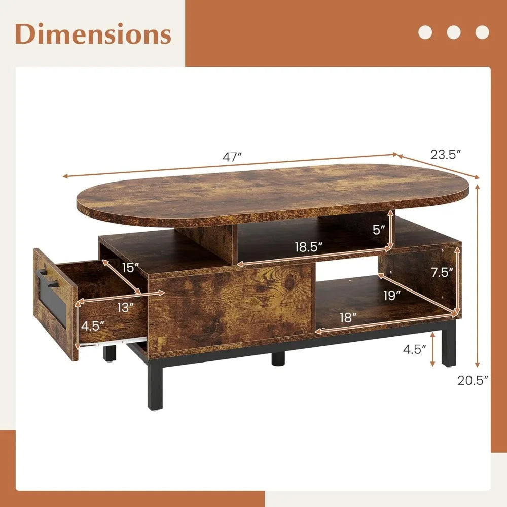 Oval Wood Coffee Table with Storage and Drawer, 47-inch Accent Center Table for Small Spaces