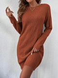 Rust Orange Knit Sweater Dress with Diamond Pattern, Long Sleeve Round Neck, Casual Autumn Winter Wear