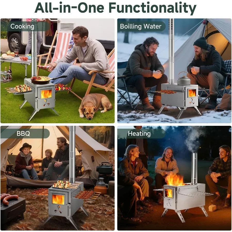 HZT Hot Tent Stove Portable Wood Burning Stove with 7 Chimney Pipes Ideal for Camping Cooking Winter Heating in Remote Outdoor