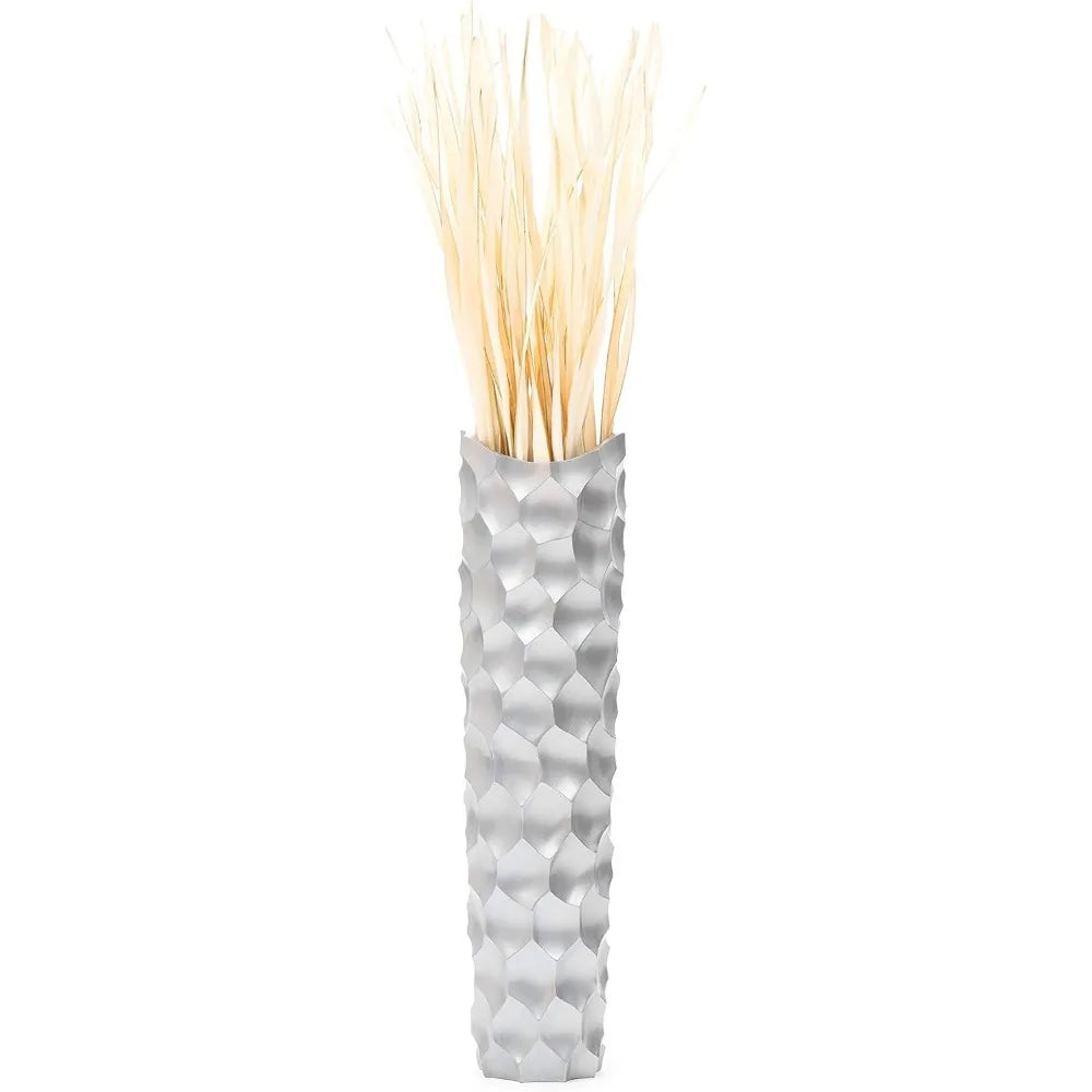 Large Silver Tall Wooden Floor Vase - 26 Inch Farmhouse Style Decorative Holder for Artificial Flowers and Pampas Grass