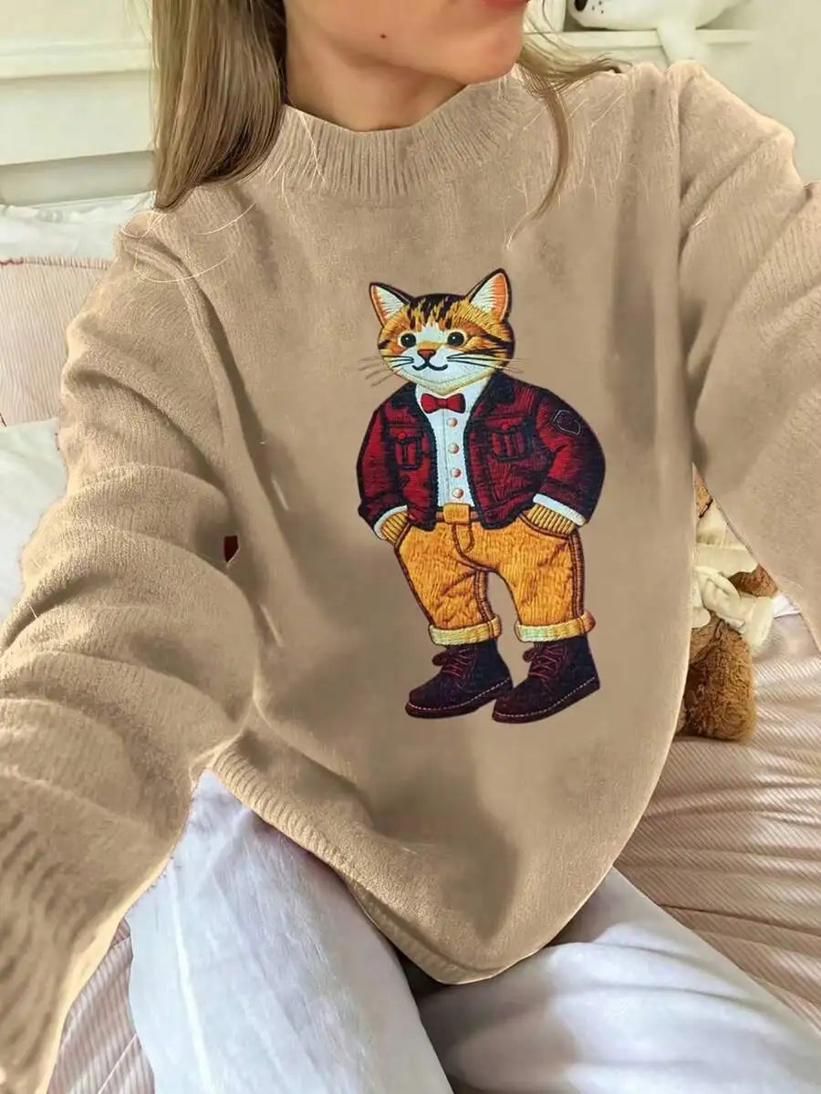 Navy Blue Collegiate Bear Print Pullover Sweater for Women, Autumn Winter Casual Style