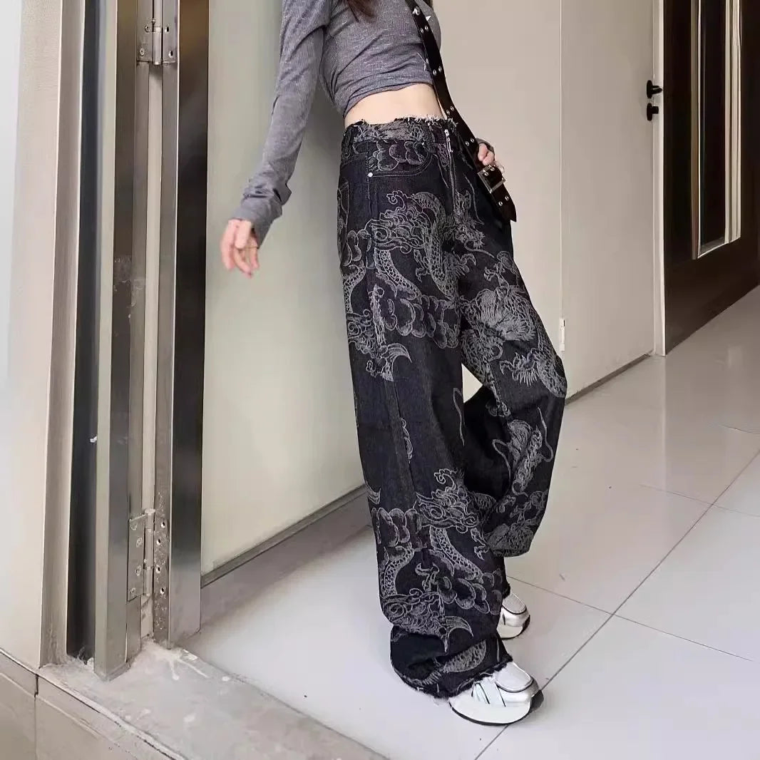Trendy New Design Sensible Wide-Leg Jeans With Dragon Print For Men And Women Loose-Fit Slimming Harem Pants Fashionable