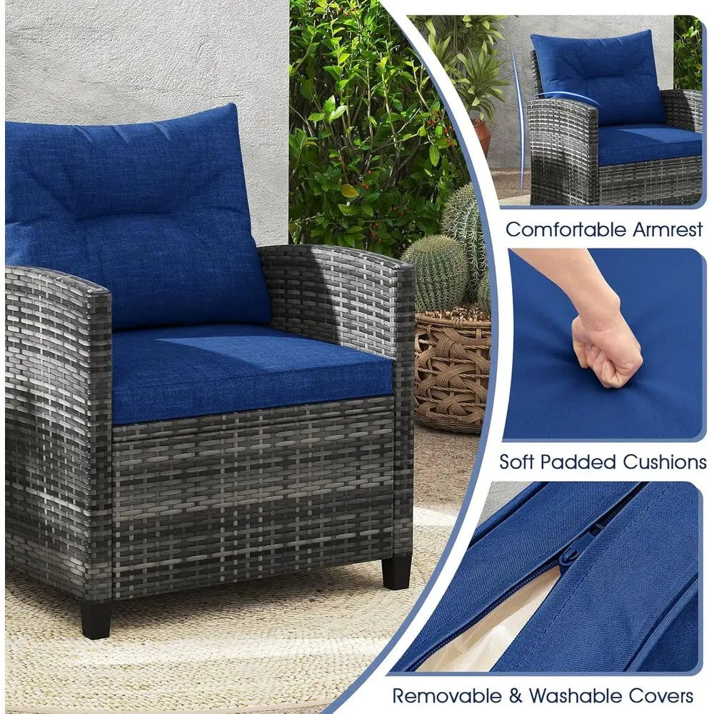 Navy Blue Outdoor Wicker Patio Furniture Set with Cushions and Glass Table for Balcony, Deck, or Poolside