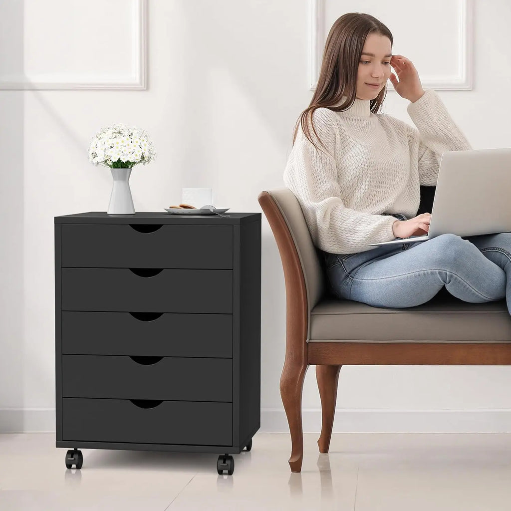 5-Drawer Mobile Storage Cabinet with Wheels, Black Office Dresser for Home Organization