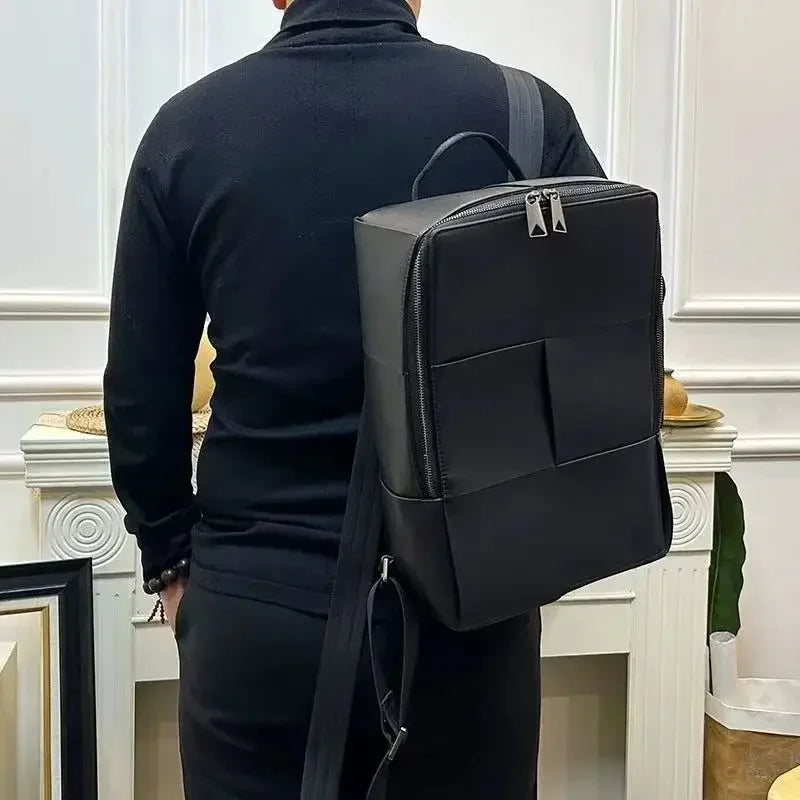 Genuine Leather Men Woven Backpacks Real Natural Leather Student Backpack Boy Luxury Weave Computer Laptop Bag