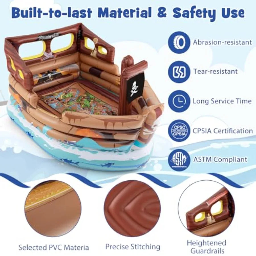 Pirate Ship Bounce House Inflatable with Built-in Motor Boat Shaped for Aged 3+ Indoor Outdoor Party Game Includes Sword Hat Re