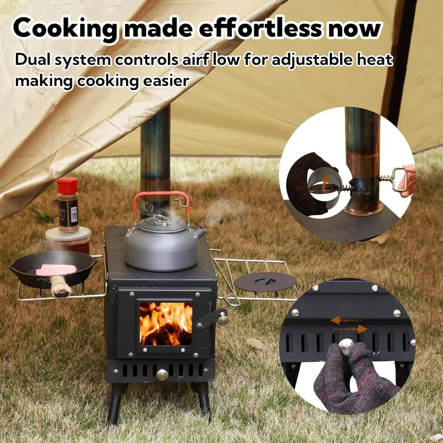 Portable Folding Wood Burning Stove for Tent Camping Heating Outdoor Cooking and Courtyard Use with Chimney Pipes and Spark Arr