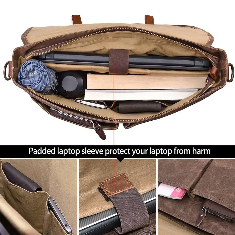 Messenger Bag 15.6 Inch Waterproof Vintage Genuine Leather Waxed Canvas Briefcase Large Leather Computer Laptop Bag Rugged Satch