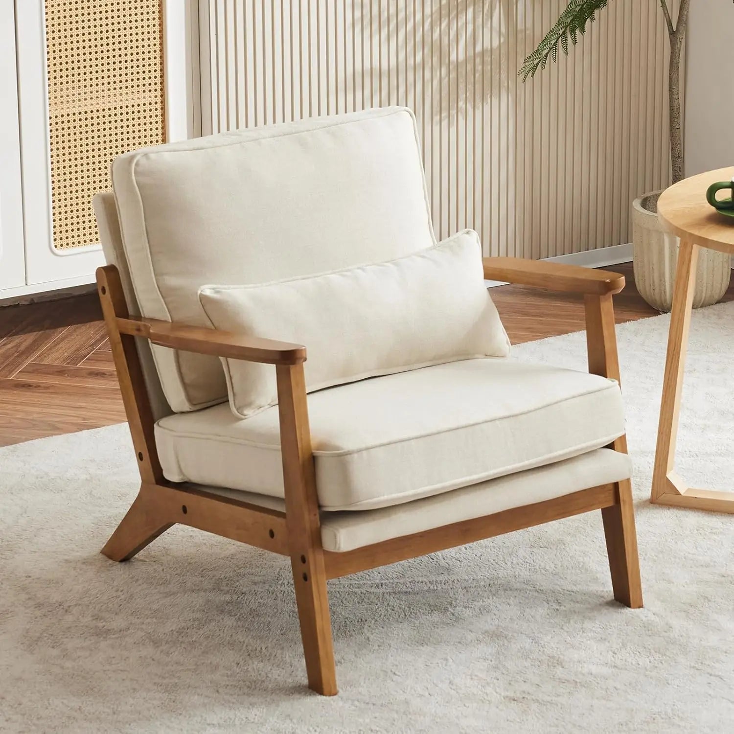 Accent Chair Wide Armrest Mid-Century Lounge Chair Teddy Fleece Armchair with Lumbar Pillow & Solid Wood Frame for ,Customized