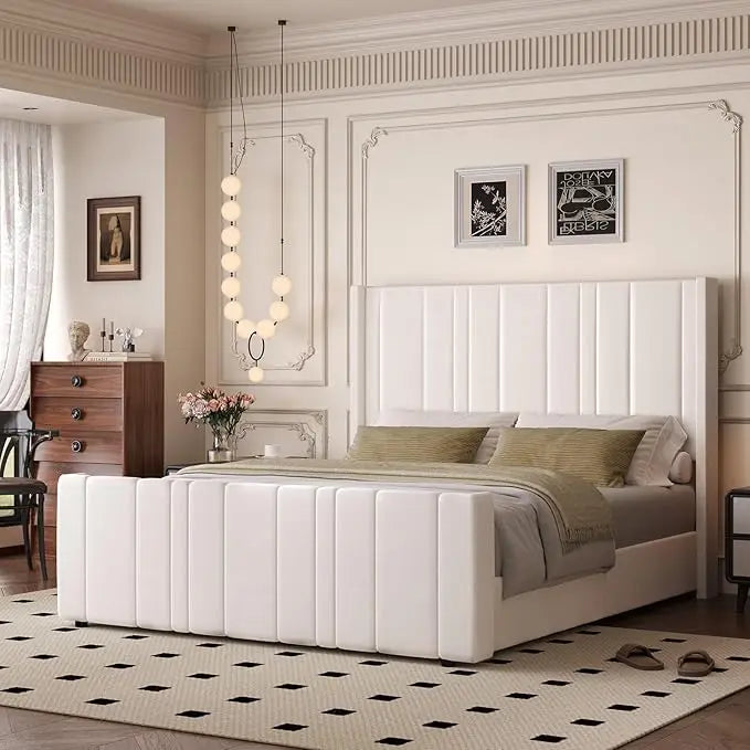 Queen Bed Frame Pink Upholstered Bed with Vertical Channel Tufted Headboard & 22" Footboard, Noise Free/Wooden Slats，Customized