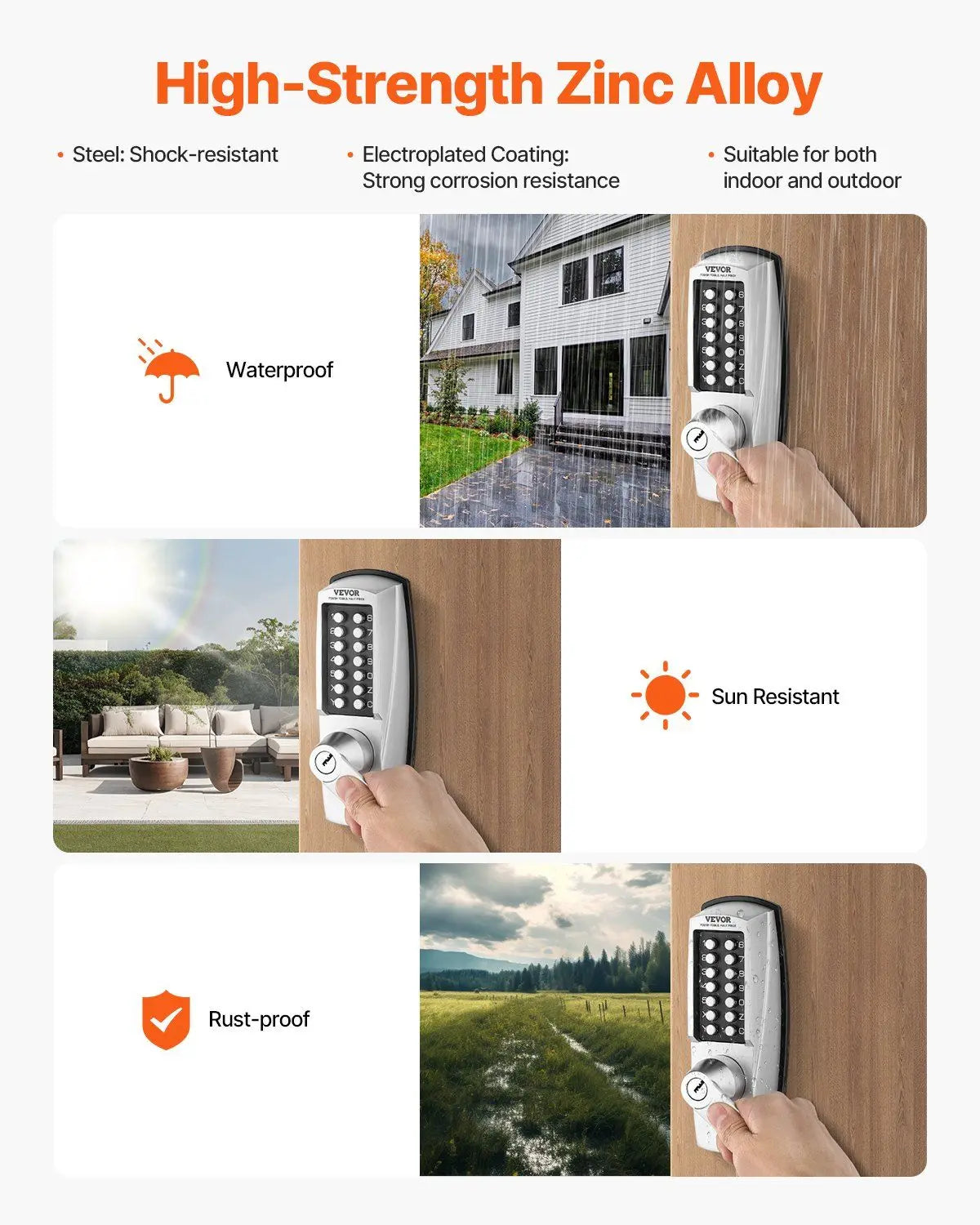 Mechanical Keyless Entry Door Lock Stainless Steel Waterproof Keypad Lock with Automatic Locking Mode for Home Office and Garage