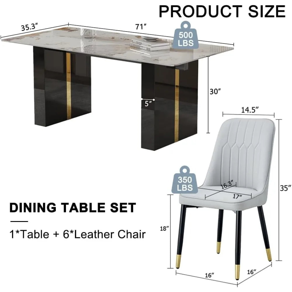 6-Person Modern Faux Marble Dining Table Set with 7 Chairs for Kitchen and Dining Area