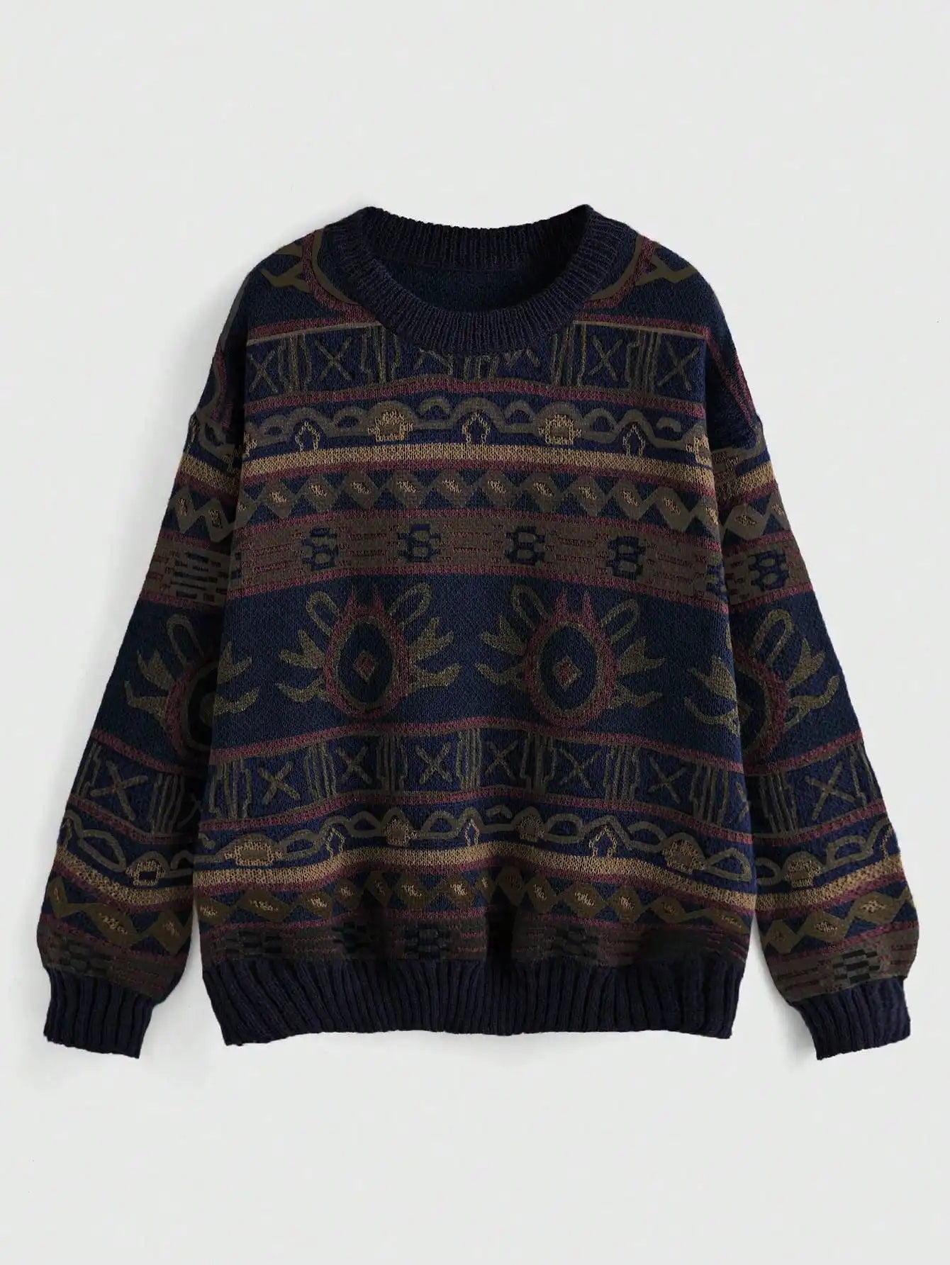 Boho Geo Pattern Drop Shoulder Knit Sweater for Women, Long Sleeve Fall Winter Top