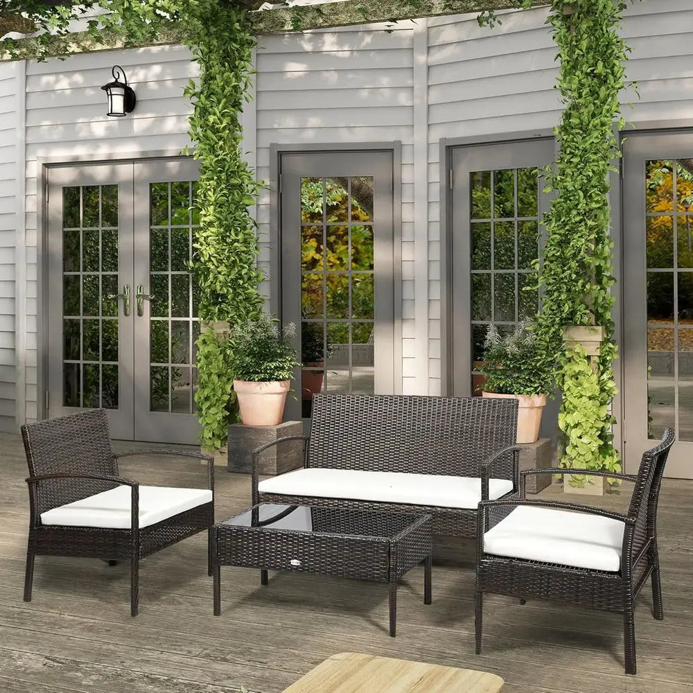 4 Piece Indoor Outdoor PE Wicker Conversation Set with Chairs, Loveseat Sofa, Cushions, Glass Table for Backyard, Sunroom, Pool,