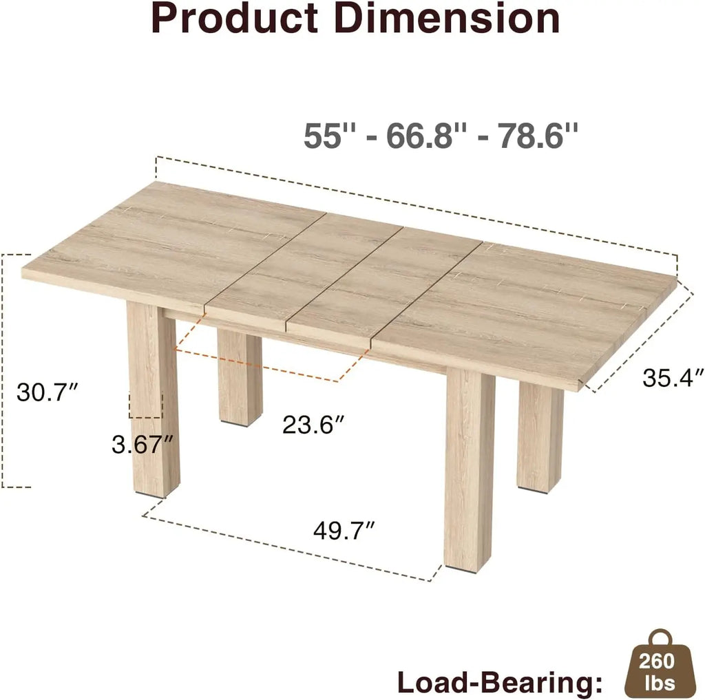 Extendable Oak Dining Table 55''-78'', for 6-10 People, Rustic, Small Kitchen & Office Use