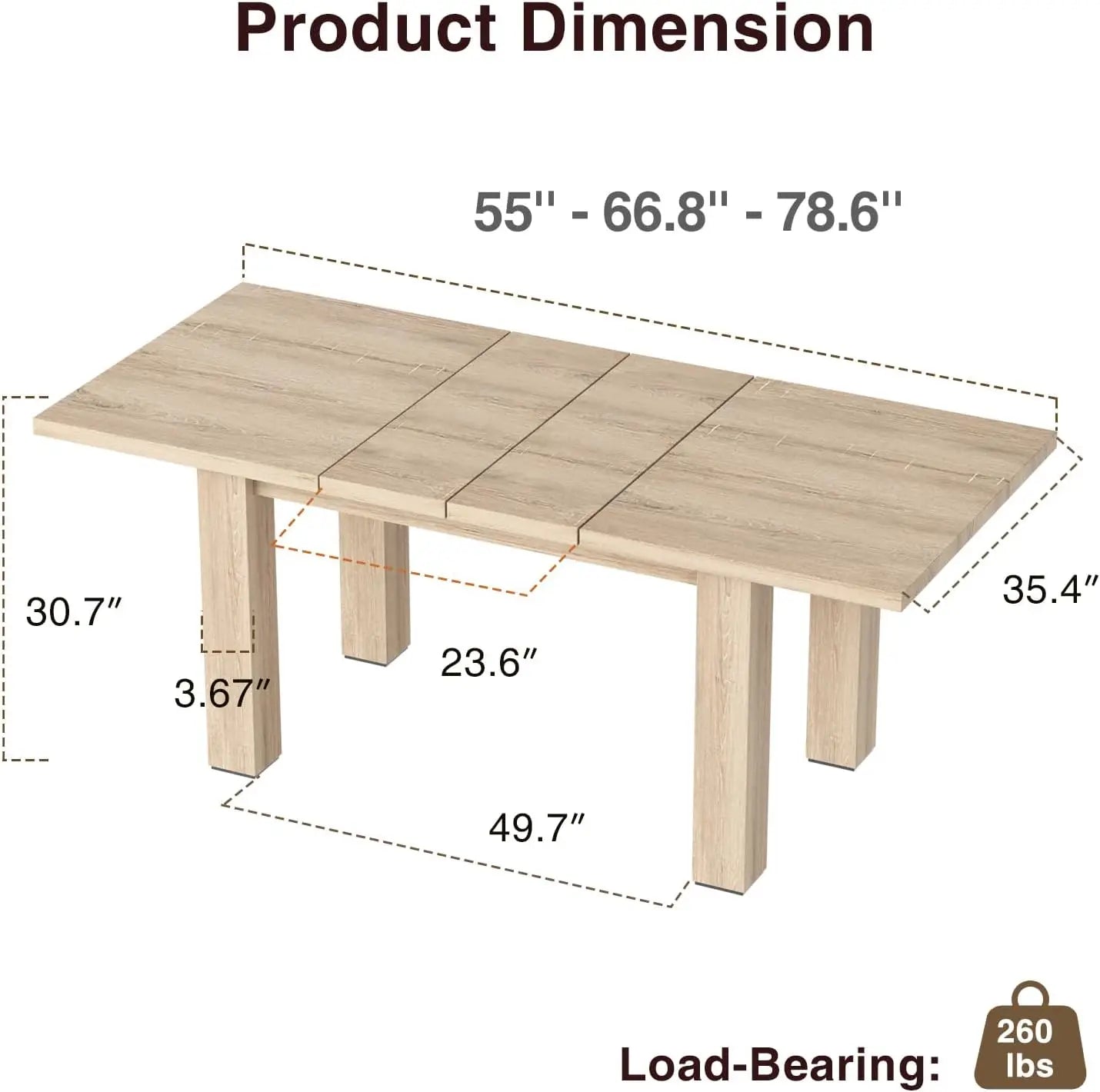 Extendable Oak Dining Table 55''-78'', for 6-10 People, Rustic, Small Kitchen & Office Use
