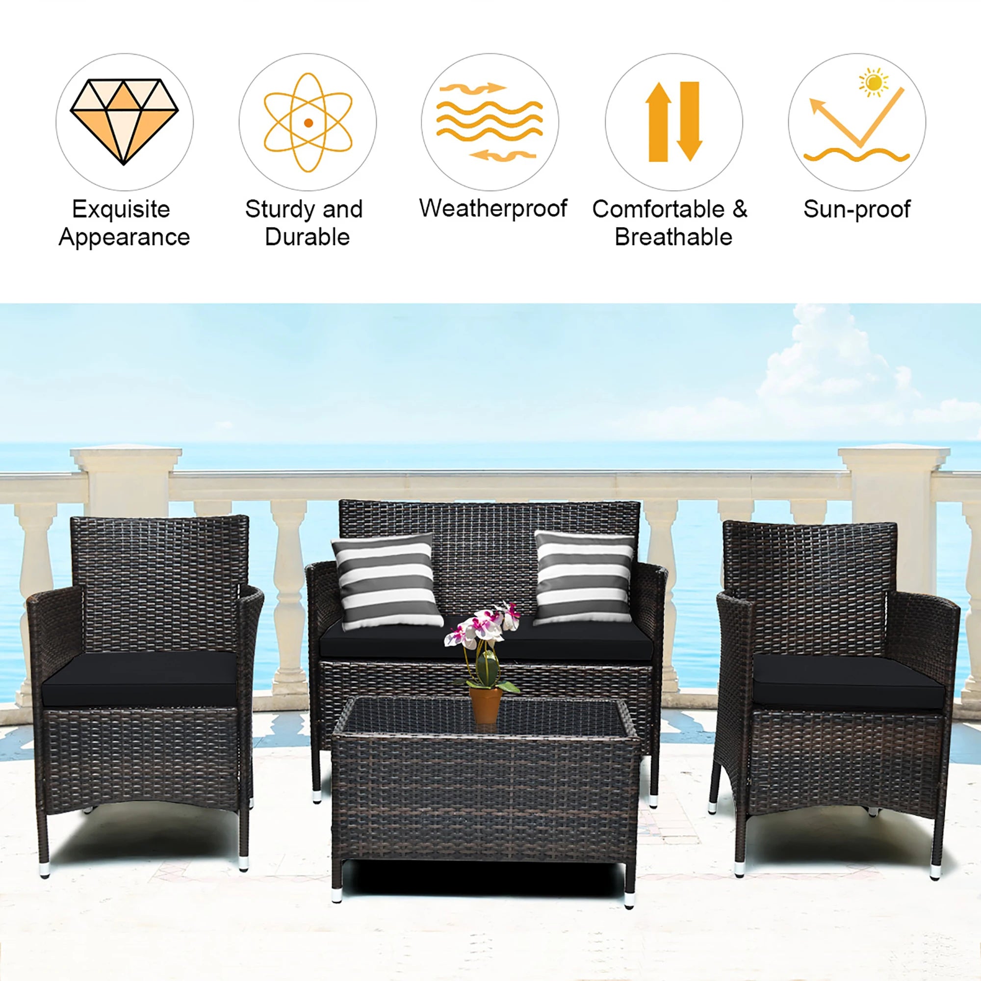 4PCS Rattan Patio Furniture Set Cushioned Sofa Chair Coffee Table Black