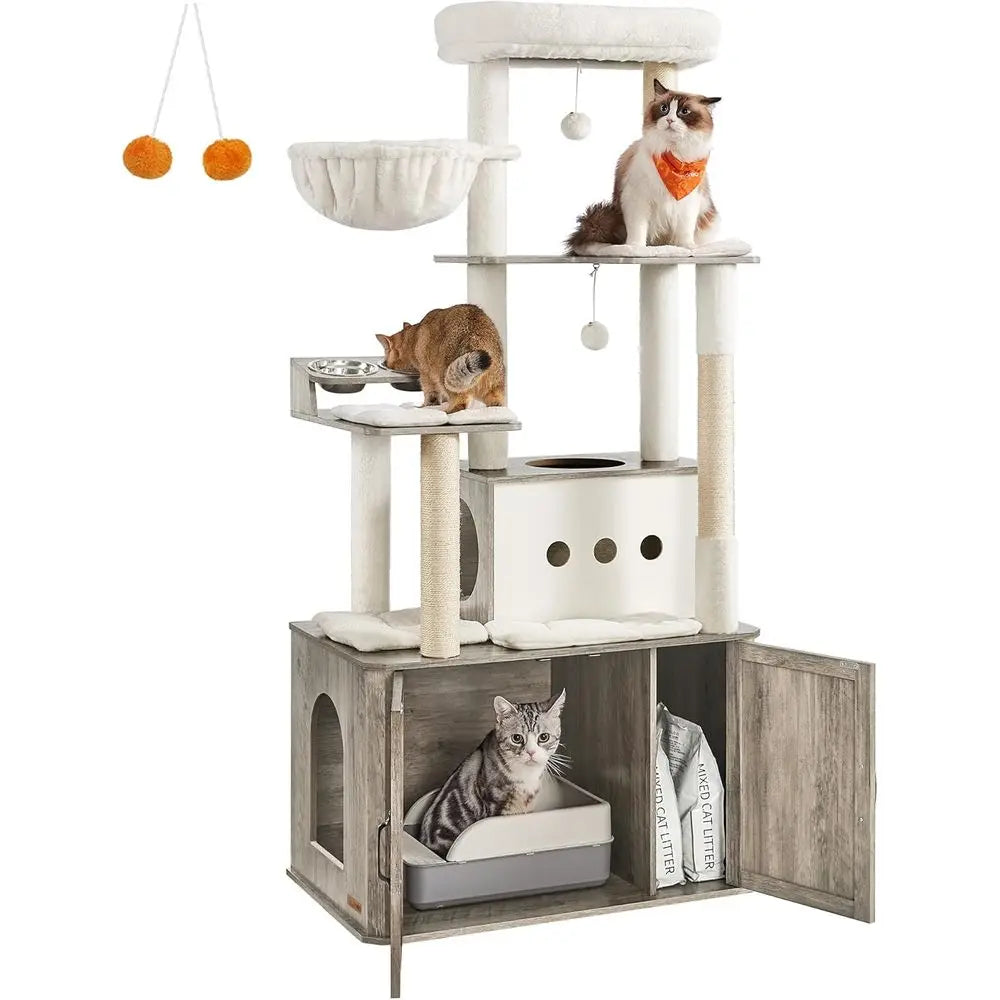 66.9-Inch Large Cat Tower with Litter Box, Food Station, Storage, Scratching Posts, Cave, Hammock, Washable Cushions, Heather Gr