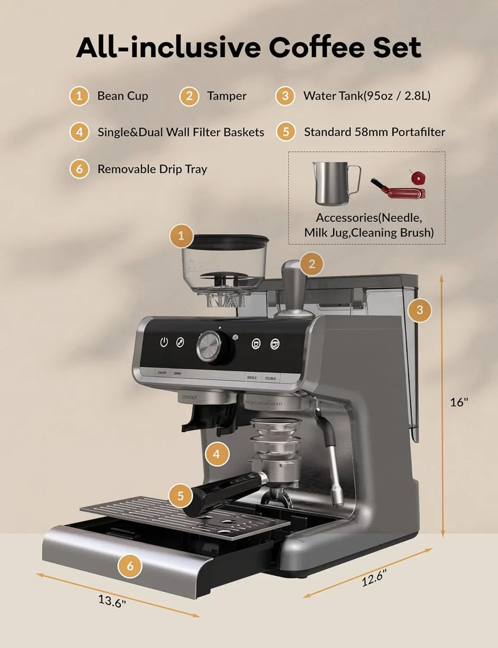 Semi-Automatic Espresso Machine 1450W Power 20 Bar Pressure 30 Grind Settings Fast Heat-Up Milk Frother Steam Wand for Home