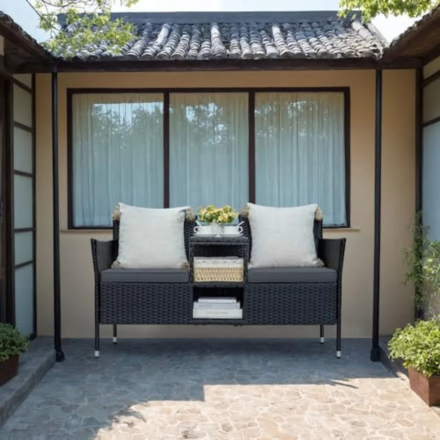 Greesum Patio Loveseat Outdoor Wicker Furniture Conversation Set with Soft Cushions and Built-in Coffee Table for Lawn Garden B