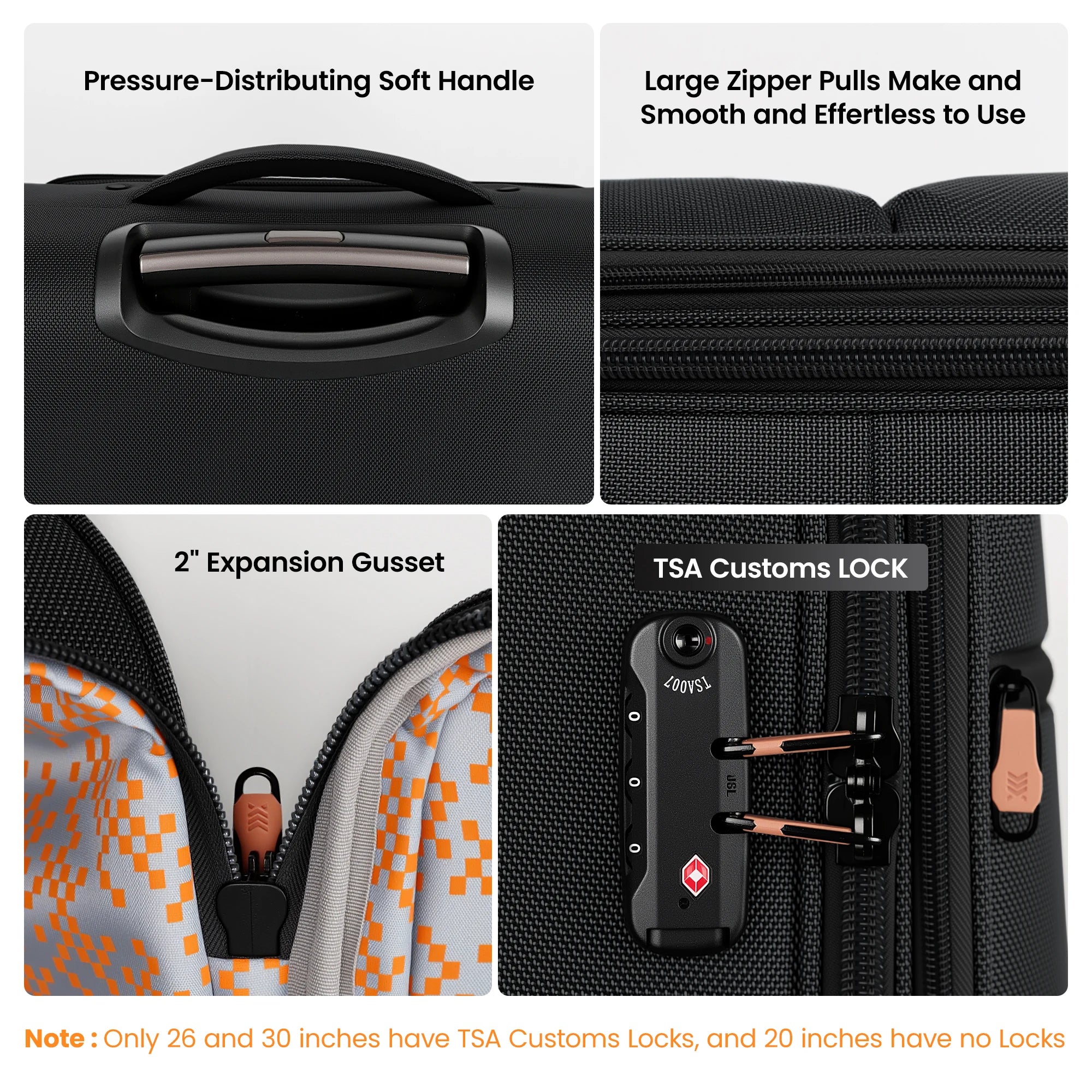 3 Piece Set Softside Luggage Upright Spinner Softshell Lightweight Suitcase Travel Set (26in/30in with 2" Expansion Gusset)