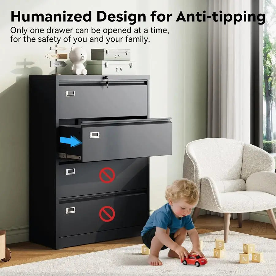 4 Drawer Lateral File Cabinet with Lock, Metal Filing Cabinets for Home Office, 16 D x 35 W x 52 H Wide Storage Organization fo