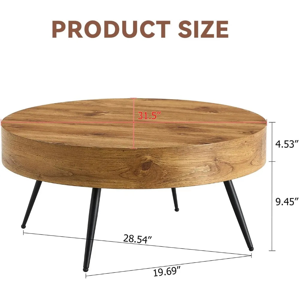 Coffee Table for Living Room, Round Wood Coffee Tables with Storage, Modern Metal Accent Center Tea Table for Apartment S