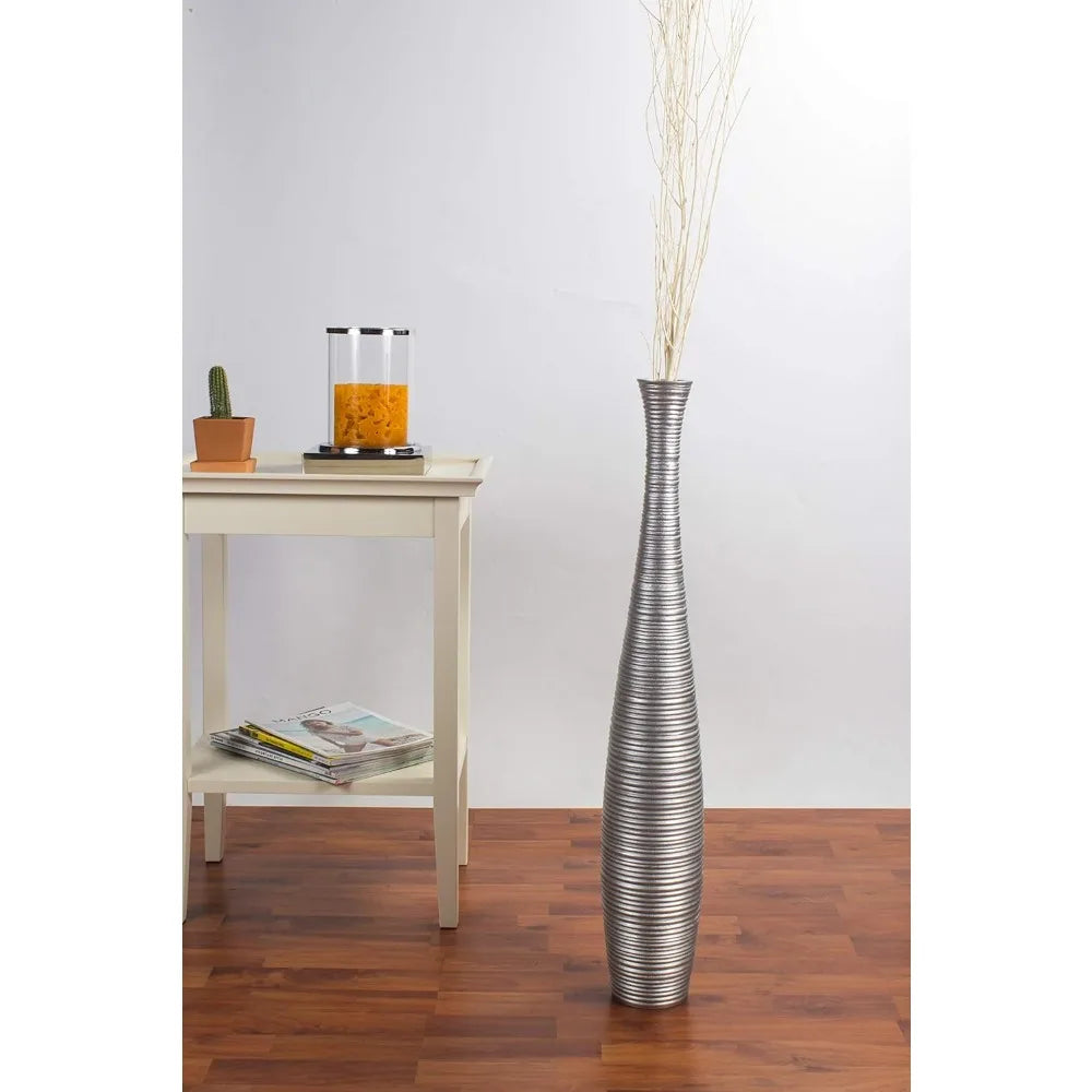 Large Silver Floor Vase Wooden 26 Tall for Home Decor, Ideal for Fake Plants and Pampas Grass, Farmhouse Style Flower Holder