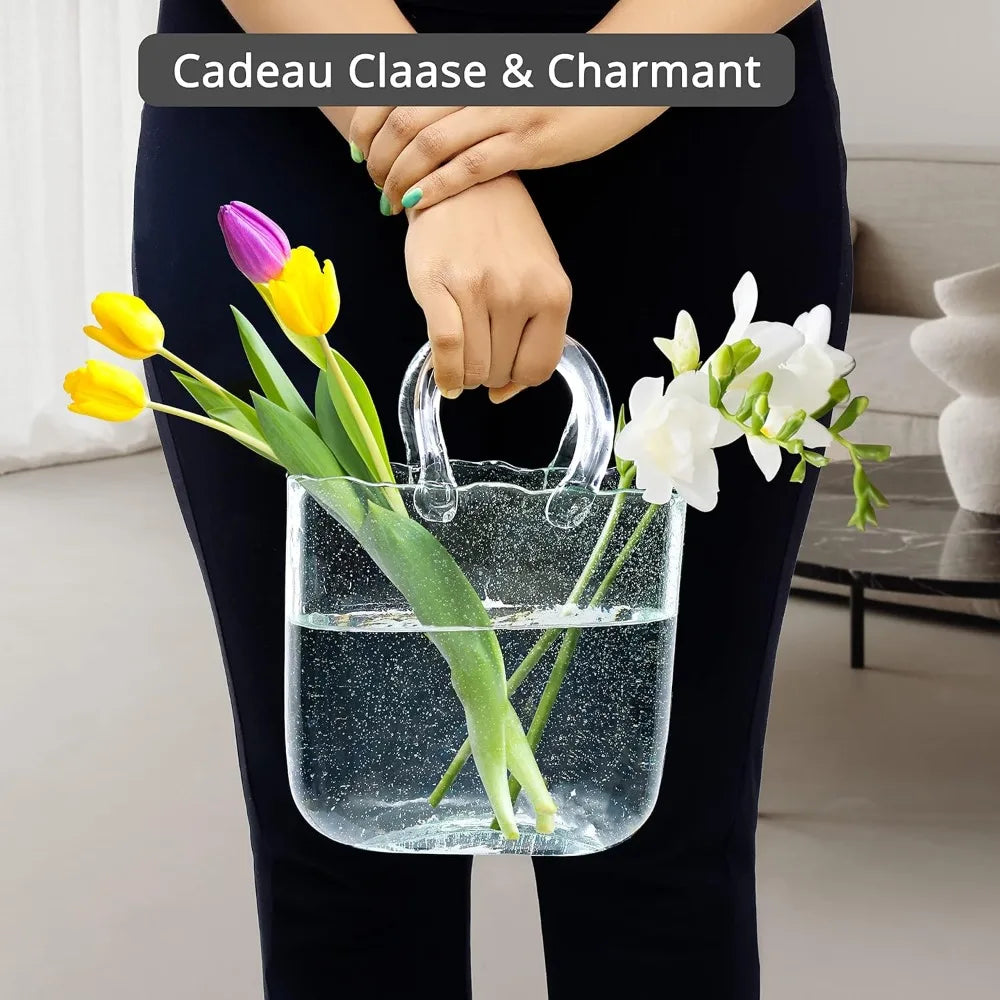 Elegant Clear Glass Bag-Shaped Vase for Home Décor, Perfect for Displaying Flowers, Fruits, and Candies