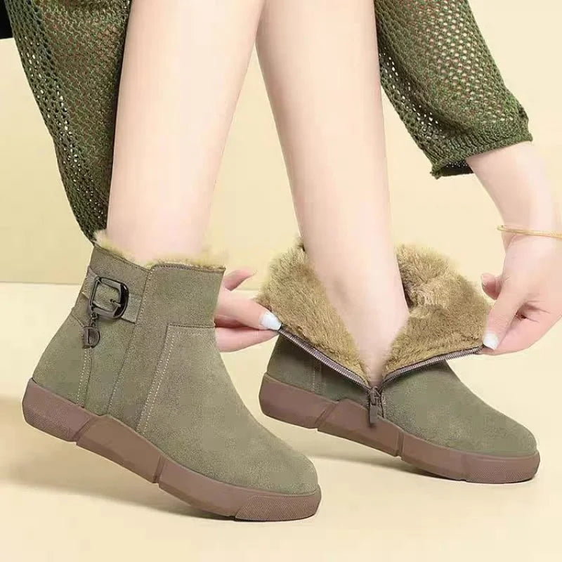 2025 Winter New Women's Suede Snow Boots - Plush Collar Warm  Shoes,  Platform Cotton Boots with Side Zipper and Metal Buckle