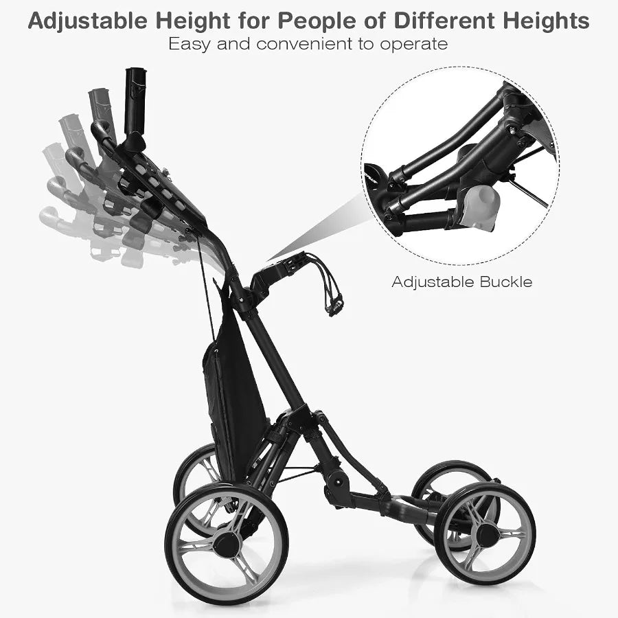 Height Adjustable Portable Golf Push Cart with Umbrella Holder Waterproof Bag Builtin Cooler Foot Brake for Easy Transport and