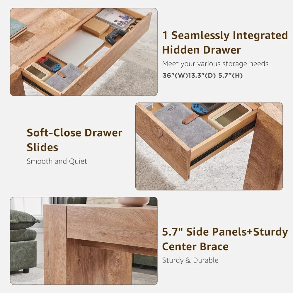 48 Modern Farmhouse Coffee Table, Wooden Living Room Table with Hidden Storage Drawer, Rustic Rectangular Center Tables w/Wo