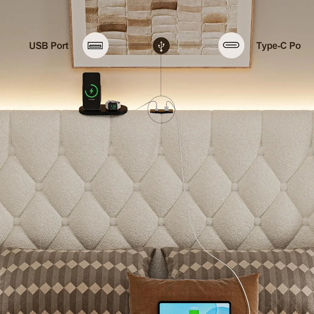 Full Size Bed Frame with Headboard, White Platform Bed Frame with Type-C and USB Ports, Wingback Bedframe with Headboard and Sto
