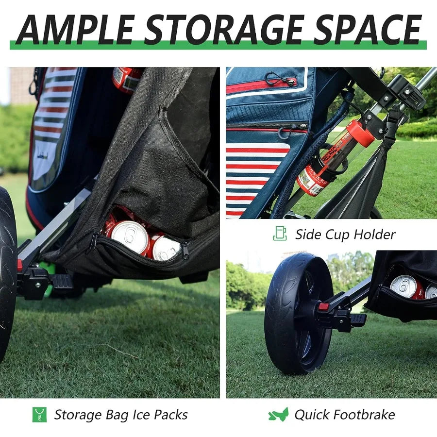 Golf Push Cart Golf Pull Cart for Golf Clubs and Golf Bag Golf Push Carts Three Wheel Easy to Folding Scorecard Holder with Mob