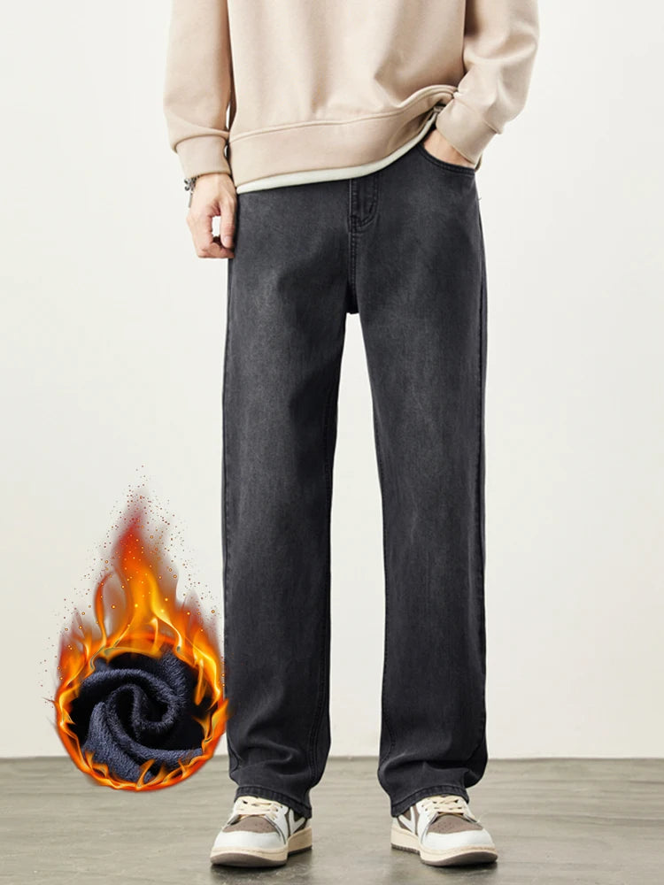 Fleece Men's Straight Jeans Winter Baggy Thick Warm Fashion Korea Plush Wide Denim Pants Casual Male Thermal Trousers
