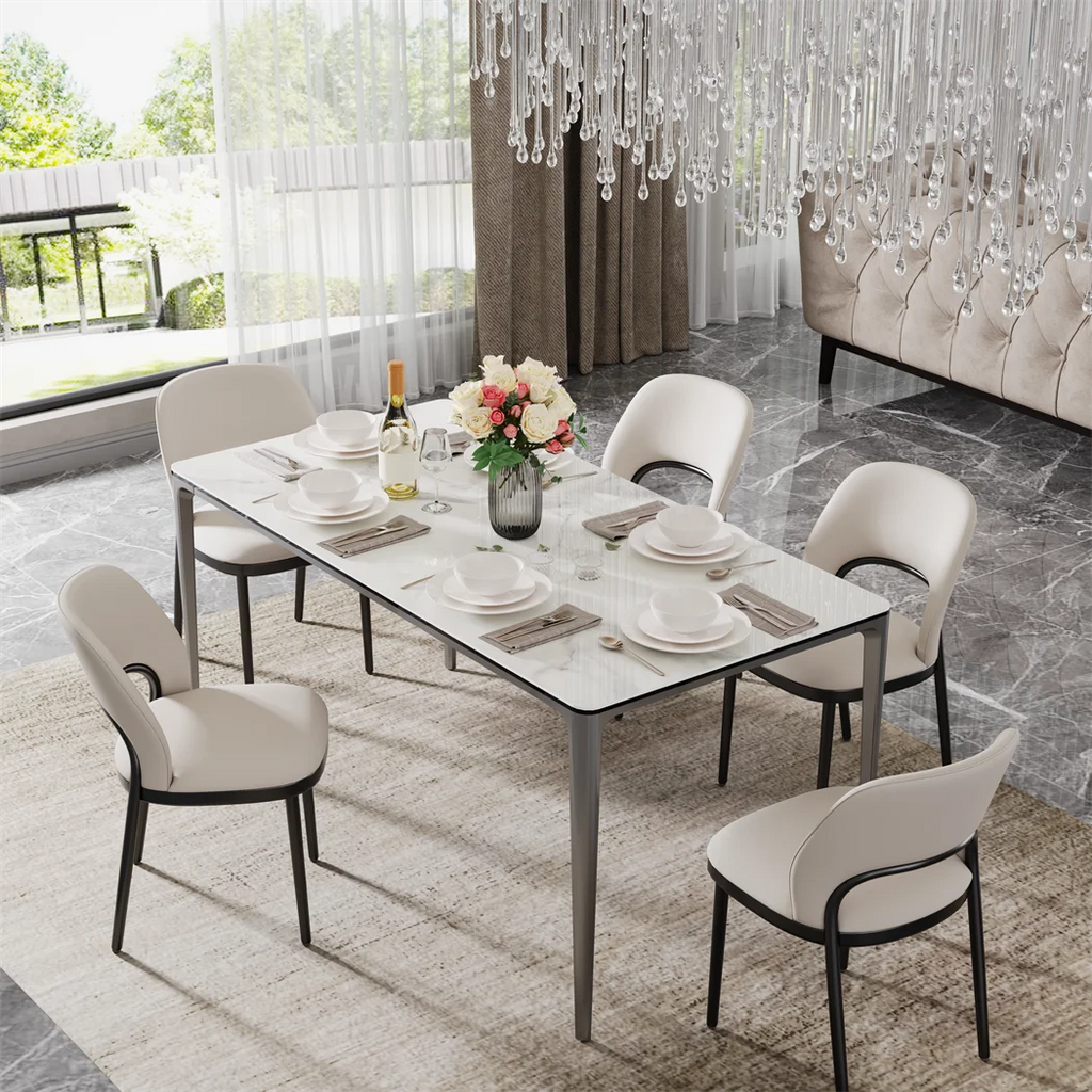 LUVODI 1.6m Luxury Dining Table Rectangle Kitchen Room Table with Marble Cover Tempered Glass Top Non-rusting Aluminum Legs