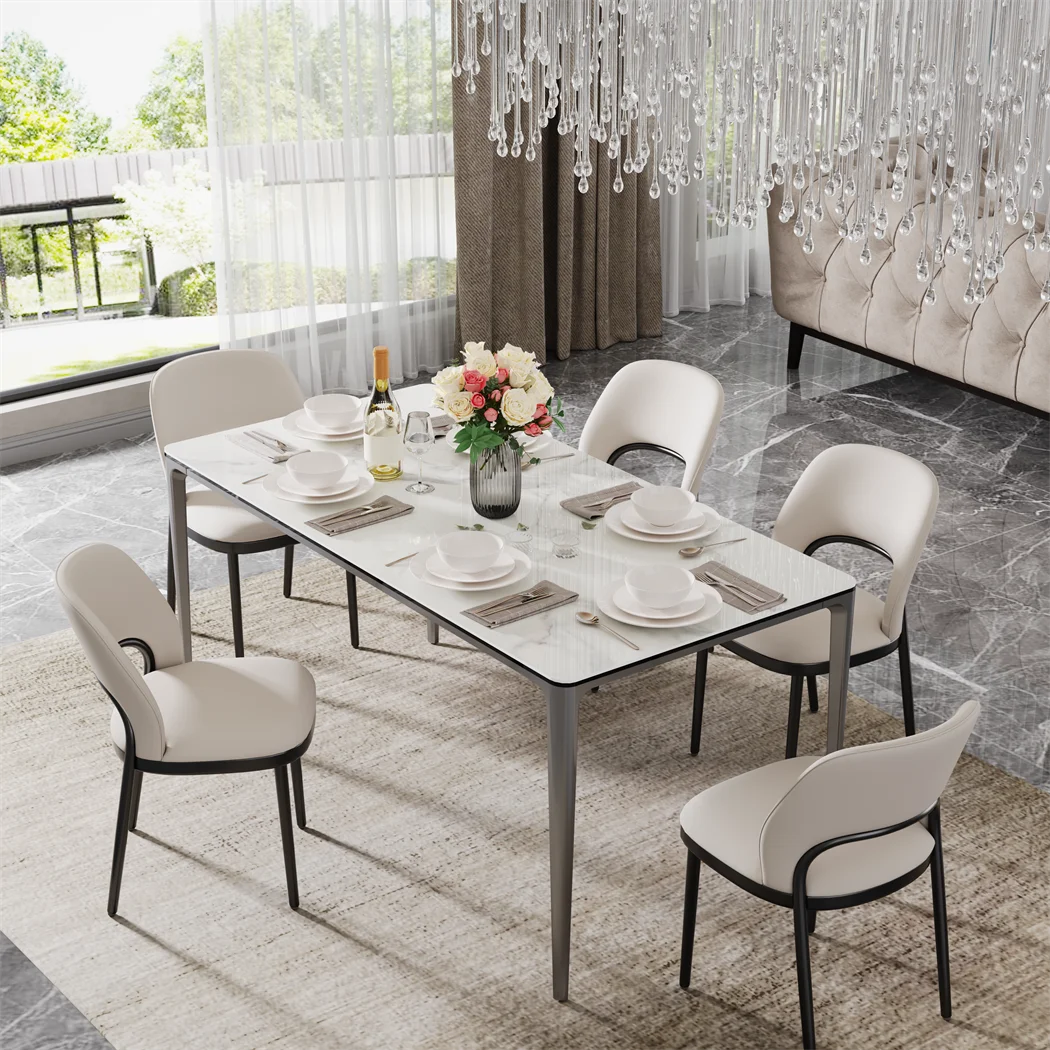 LUVODI 1.6m Luxury Dining Table Rectangle Kitchen Room Table with Marble Cover Tempered Glass Top Non-rusting Aluminum Legs