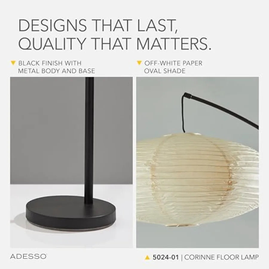Arc Floor Lamp 80 Tall Black Base Oval Off-White Paper Shade Convenient Overhead Lighting for Living Room Nursery Bedroom or Of