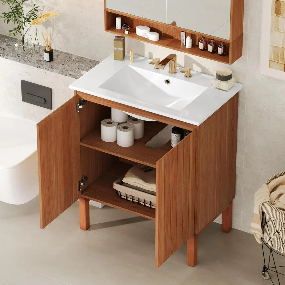 Bathroom Vanity with Sink and Wooden Organizer featuring Adjustable Shelves and Soft-Close Doors