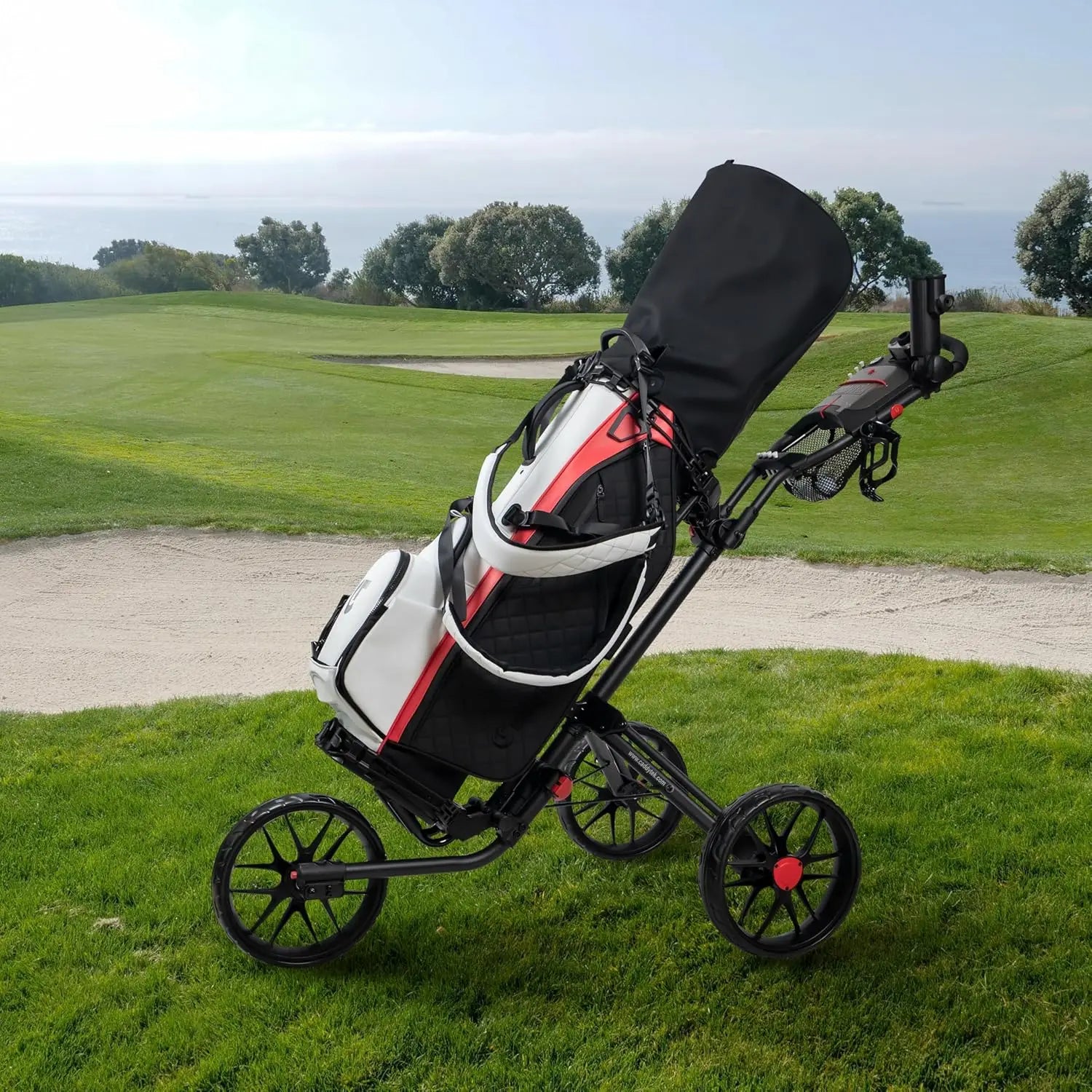 Lightweight Foldable Golf Push Cart with EVA Wheels, Foot Brake, Adjustable Handle & Accessories - 15.3 V2 Model